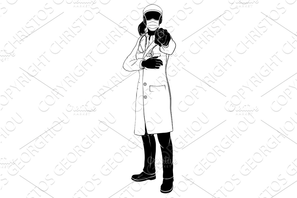 Woman Doctor PPE Mask Pointing, a Healthcare Illustration by Christos Georghiou