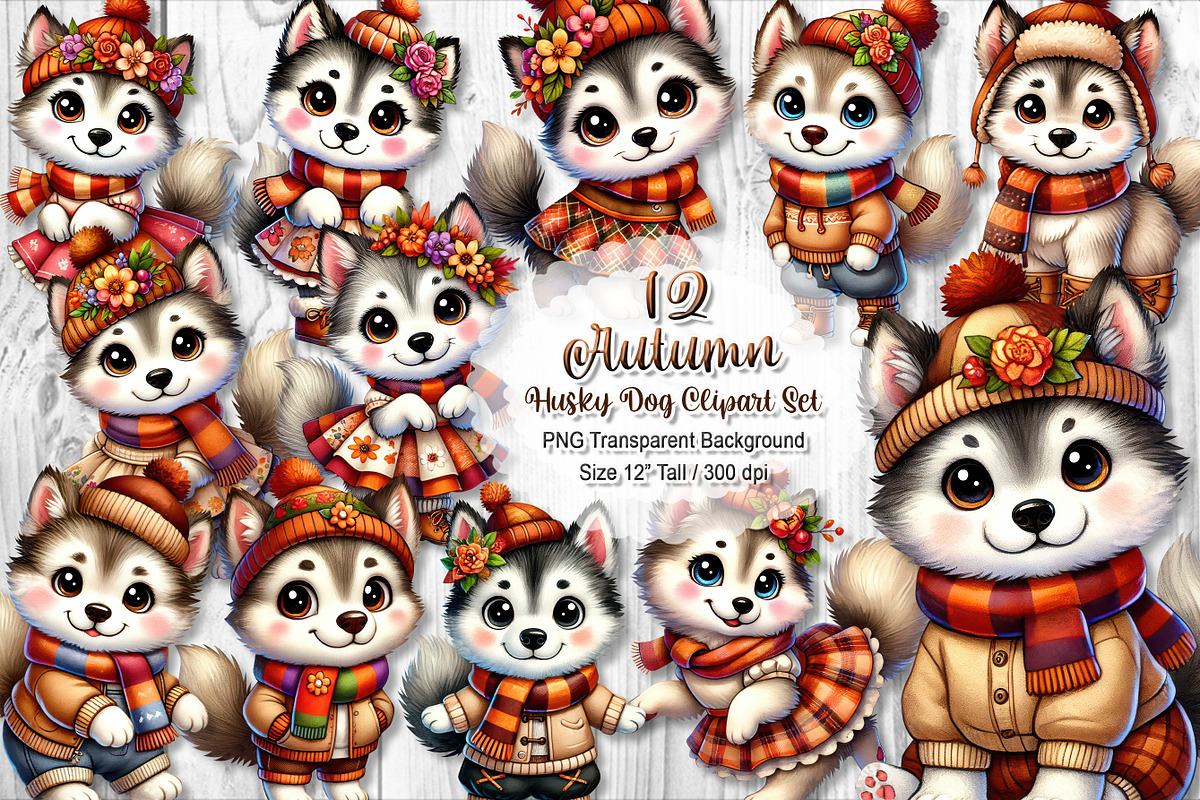 Cute Autumn Husky Dog Clipart Set, a Seasonal Illustration by V Design Creator (Photo 1 of 9)