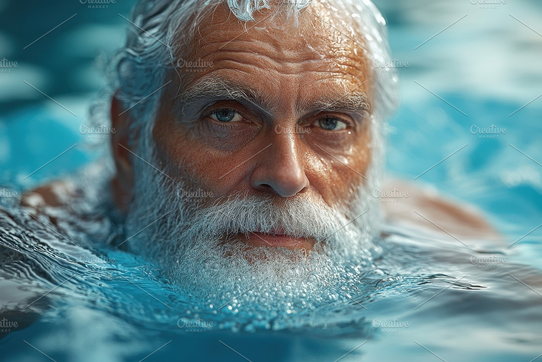 Elderly man swimming with tranquil e, a Photo by Tanuart