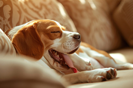 Cozy Beagle Enjoying a Relaxing Yawn on a Comfy Sofa - Generativ, an Animal Photo by José Manuel Gelpi