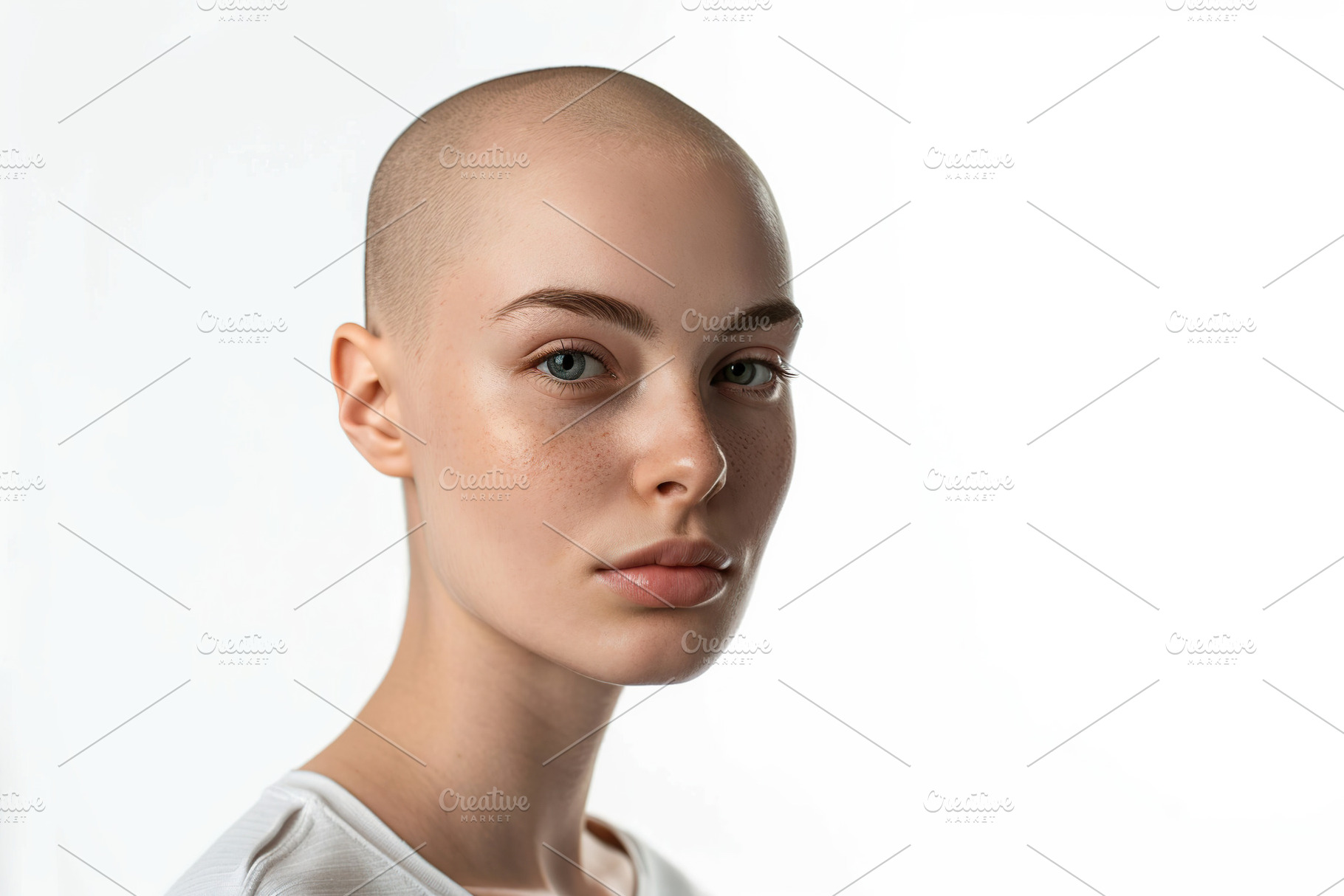 Portrait of adult woman with bald head, cancer therapy, a Photo by AlyaAnd