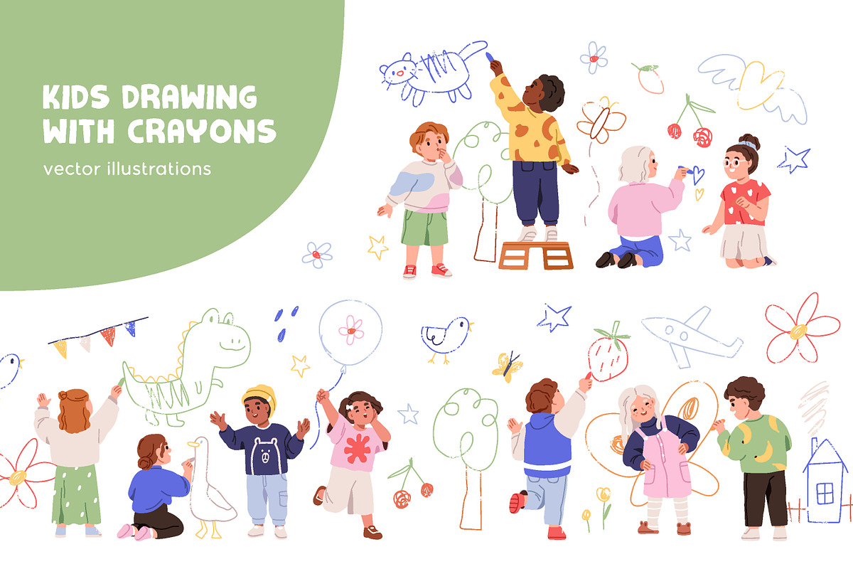 Cute kids drawing on wall set, a Person Illustration by Good Studio (Photo 1 of 8)