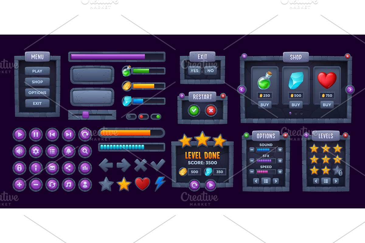 Stone game interface buttons, menu, a Technology Illustration by Buch&Bee