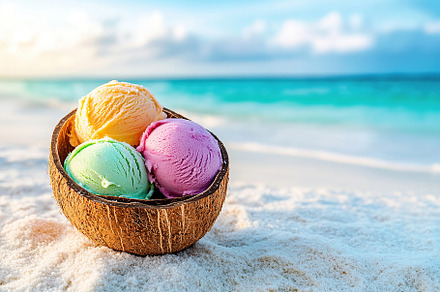 Colorful ice cream scoops served in a shell on a sandy beach under a sunny sky, a Food & Drink Photo by AlyaAnd