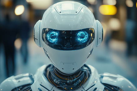 A futuristic humanoid robot with glowing blue eyes, showcasing advanced technol, a Person Photo by Textures & Backgrounds