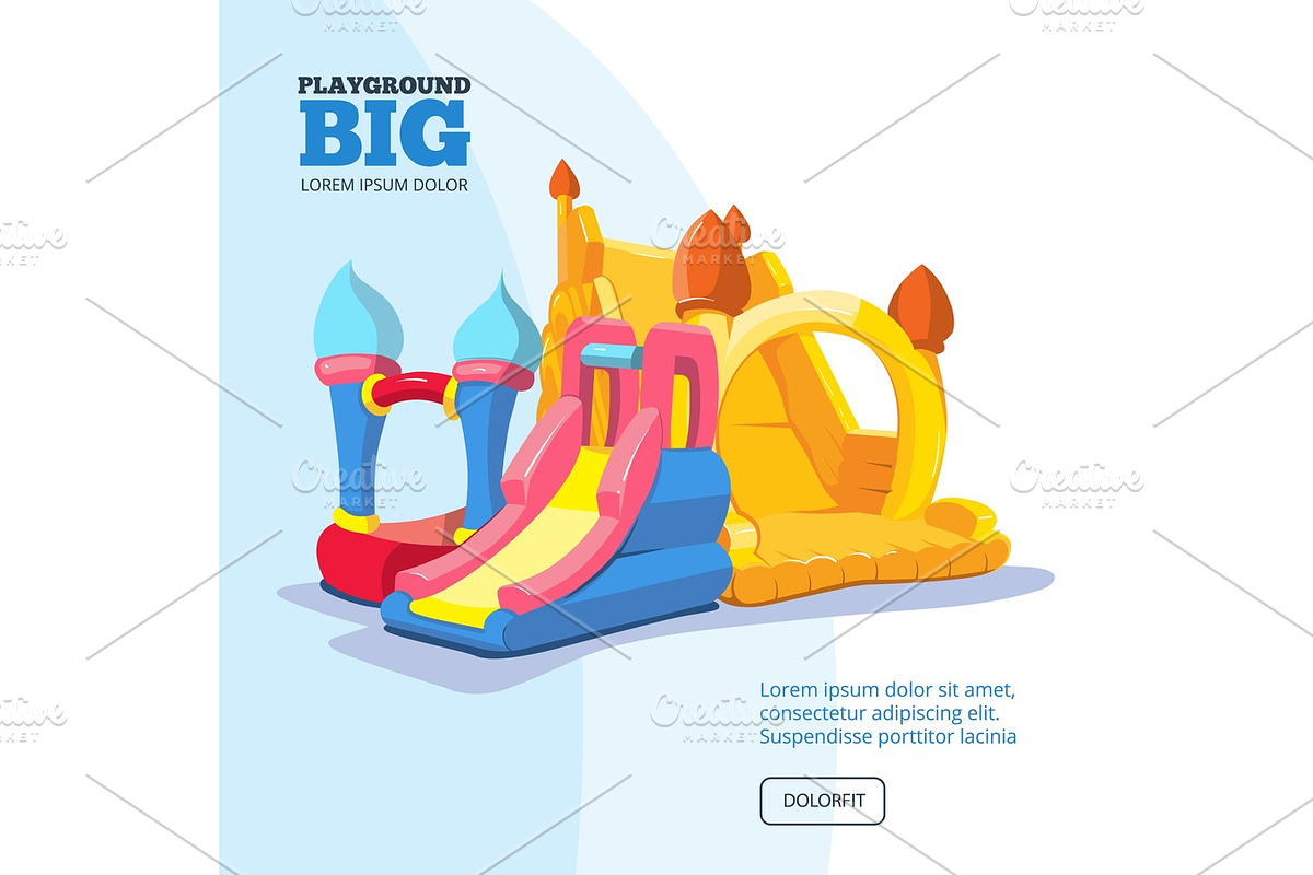 Vector illustration of inflatable castles and children hills on playground, a Person Illustration by Multigon