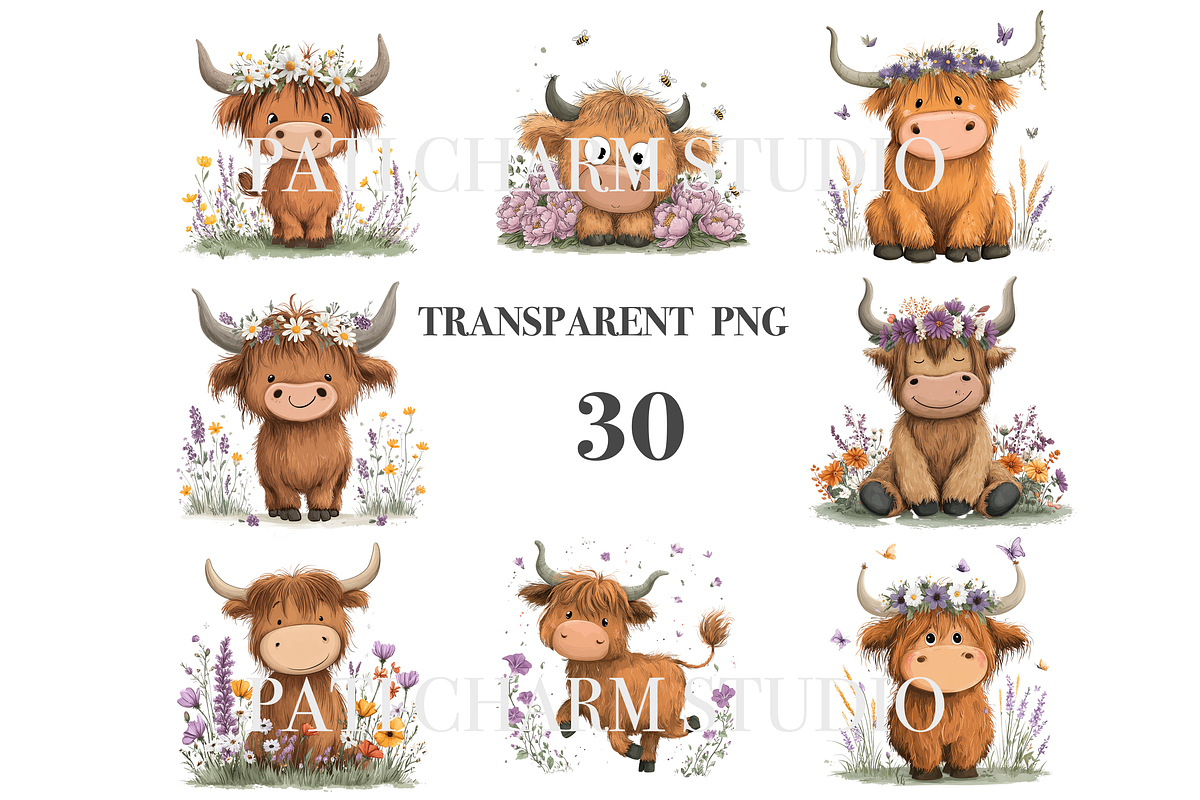 30 Floral Highland Cow Clipart, an Animal Illustration by Pati Charm Studio (Photo 3 of 8)