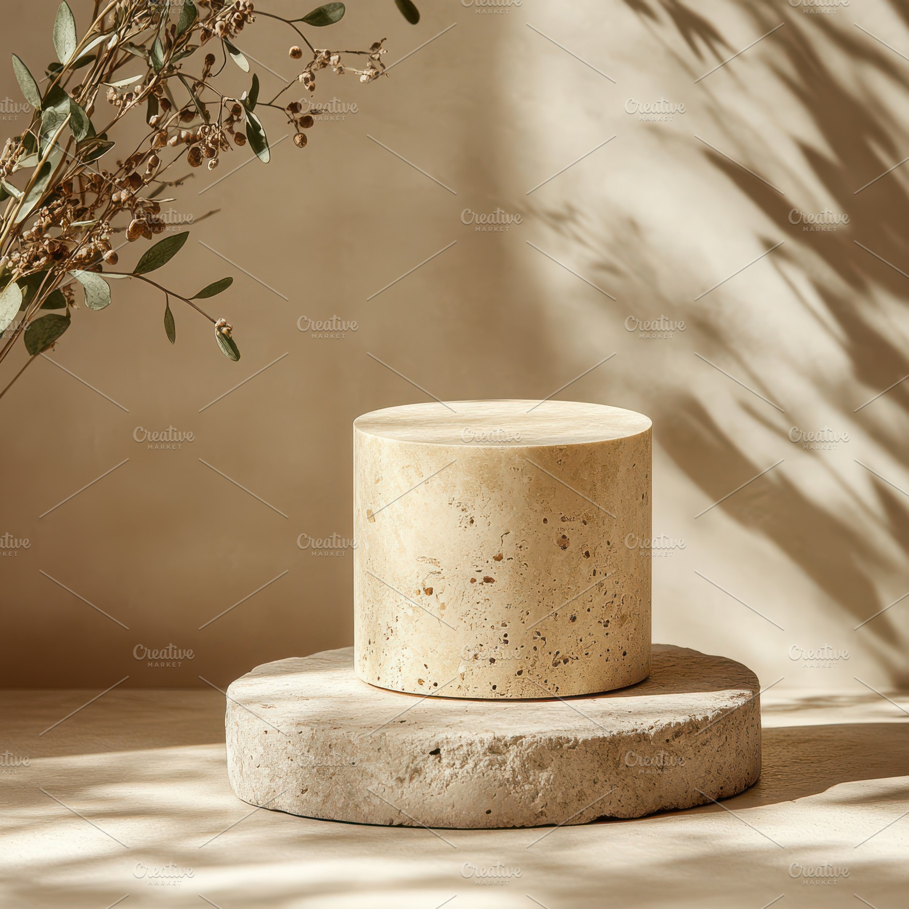Beige stone display stand with dried, a Background Photo by Pixeness Studio