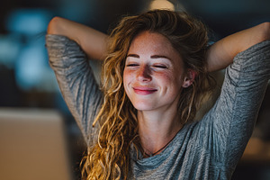 Relaxed woman with freckles and wavy, a Photo by Pixeness Studio