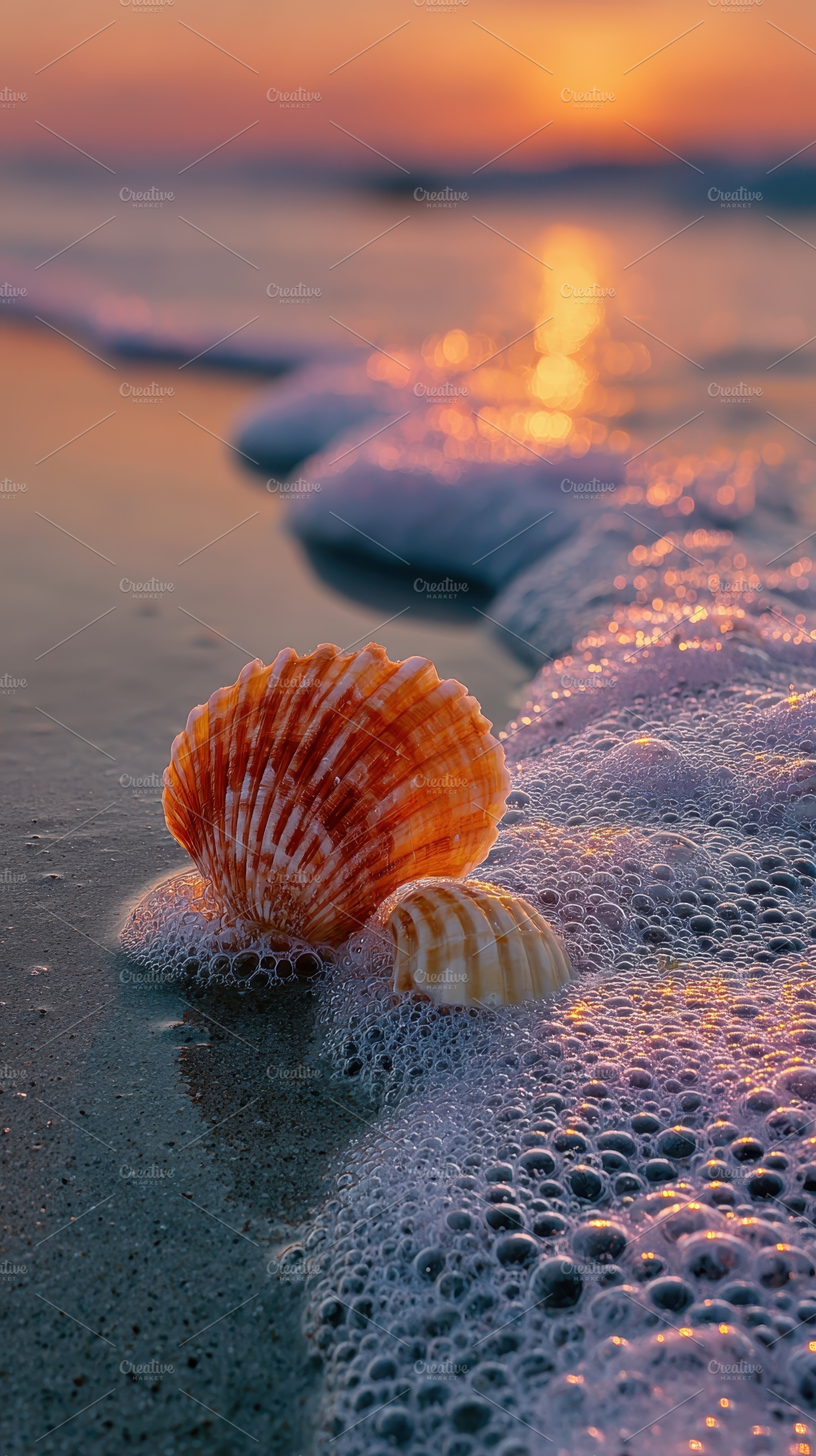 Seashells on the beach at sunset oce, a Photo by Pixeness Studio