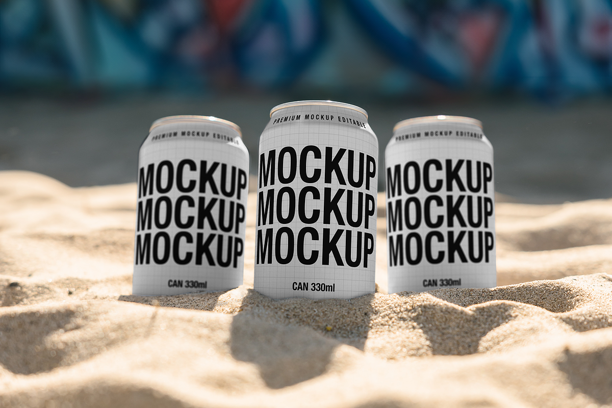 3 Cans Mockup - Beach Scene, a Packaging Mockup by TD Mockup (Photo 2 of 2)
