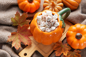 Cozy pumpkin mug with hot chocolate and marshmallows, a Food & Drink Photo by Olena Rudo