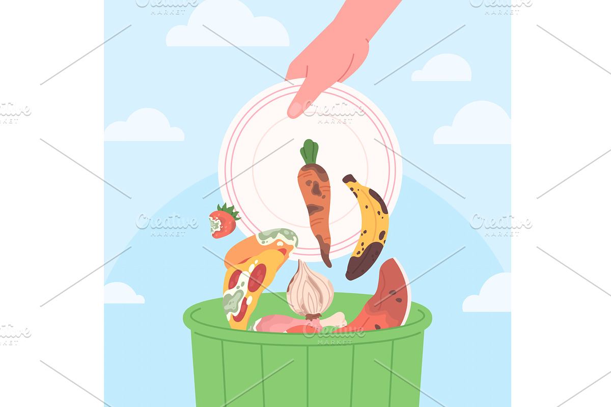 Hand throw food in container, a Food Illustration by LadadikArt