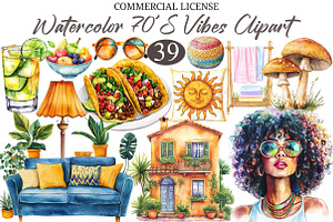Watercolor 70'S Vibes Clipart, a Seasonal Illustration by designcity5