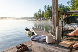Lakehouse morning scene with misty w, a Photo by Dvoevnore photos