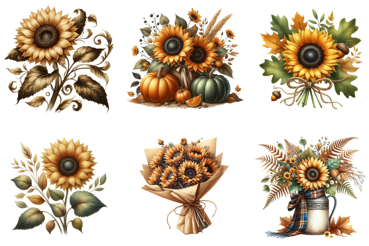 Vintage Sunflowers Autumn Clipart, an Illustration by cherrydesign (Photo 3 of 3)