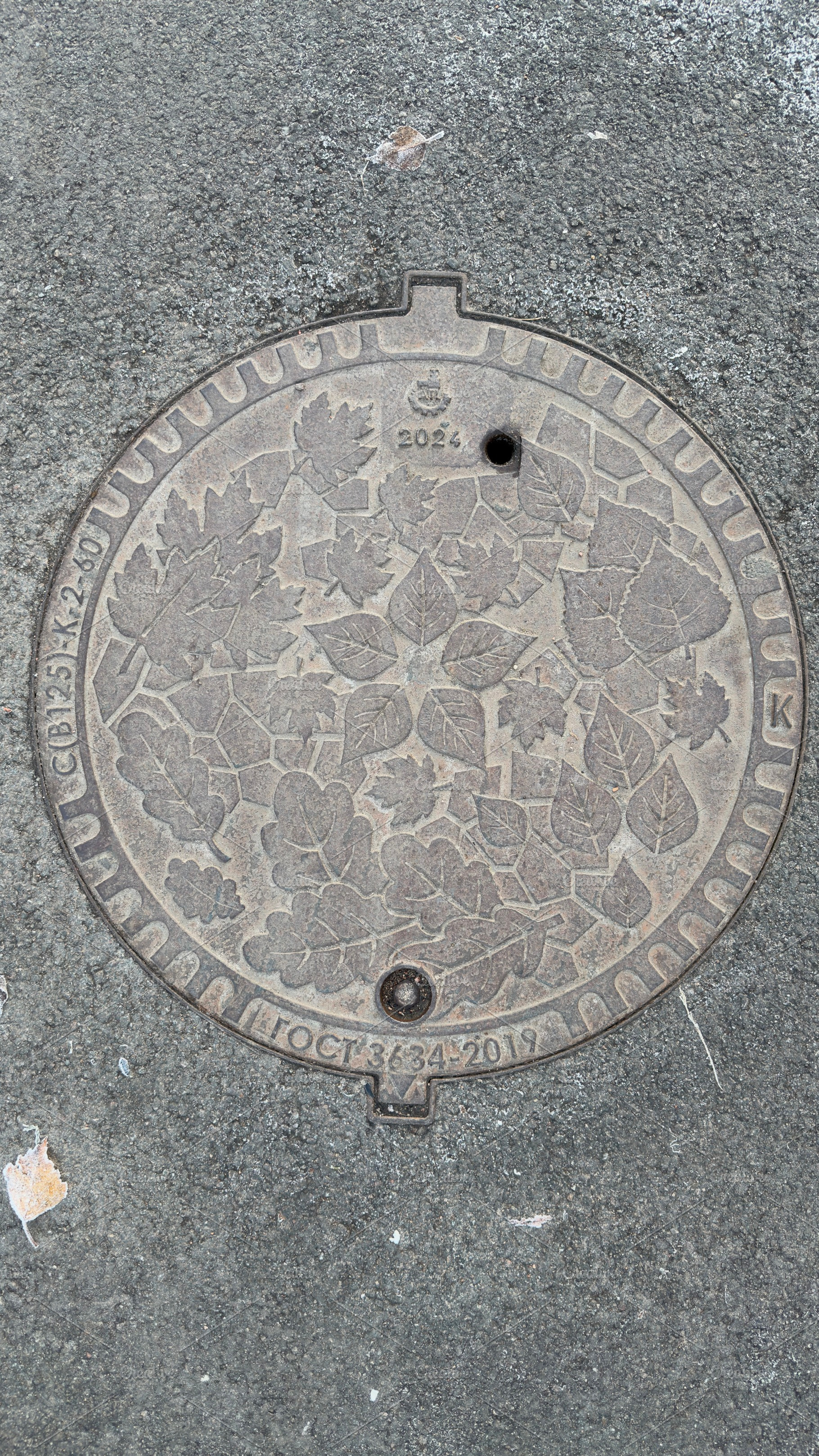 A round metal manhole cover with a leaf pattern and engraved text, a Nature Photo by Textures & Backgrounds