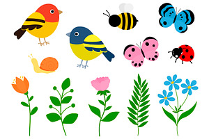 Spring Vector. Spring Flowers. Birds