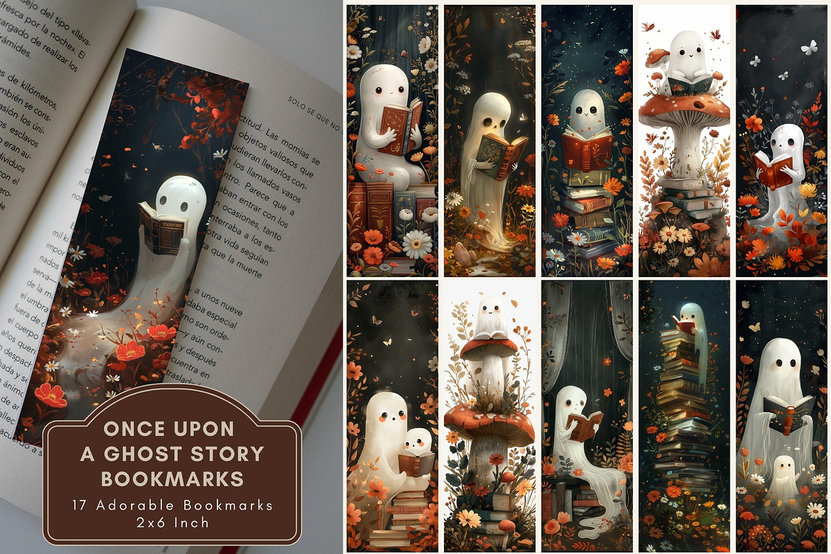 Cute Ghosts Reading Bookmarks, a Seasonal Illustration by NadiaTheronArt (Photo 1 of 3)