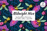 Midnight Hive - Bee Floral Patterns, a Pattern Graphic by Rose Design (Thumbnail 1 of 13)