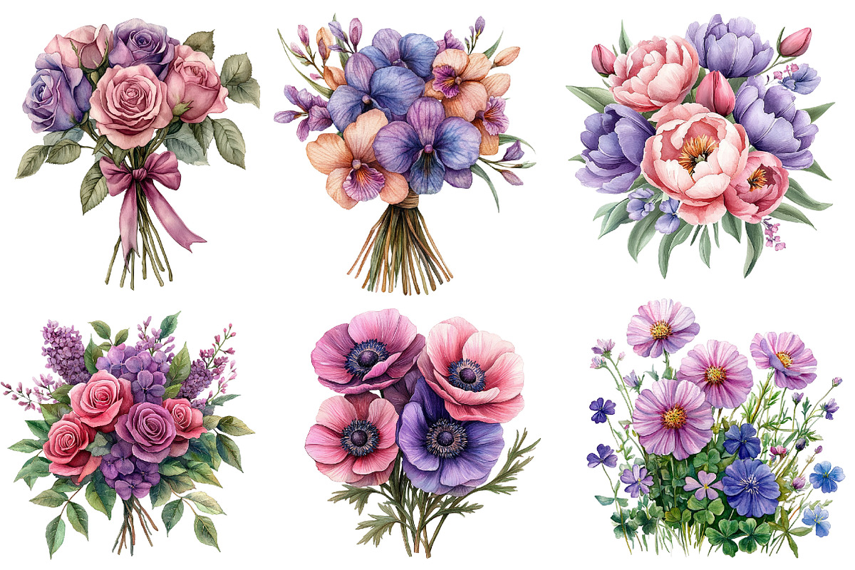 Pink Purple and Floral Bouquets, an Illustration by Designworld (Photo 3 of 7)