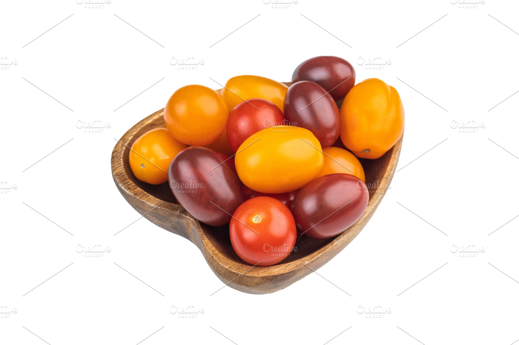 Colorful mix of heirloom cherry tomatoes in a wooden bowl shot o, a Food & Drink Photo by composter-box@mail.ru