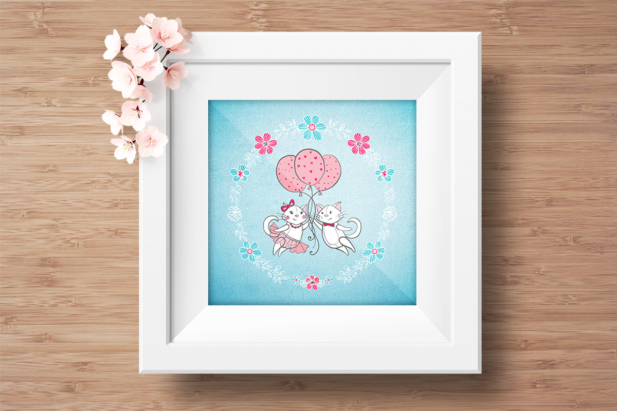 Romantic set with cats and flowers, a Texture Illustration by MalniArt (Photo 8 of 9)