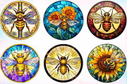 Bee with Flowers Round Stained Glass, an Illustration by Canvas Craft (Thumbnail 3 of 4)