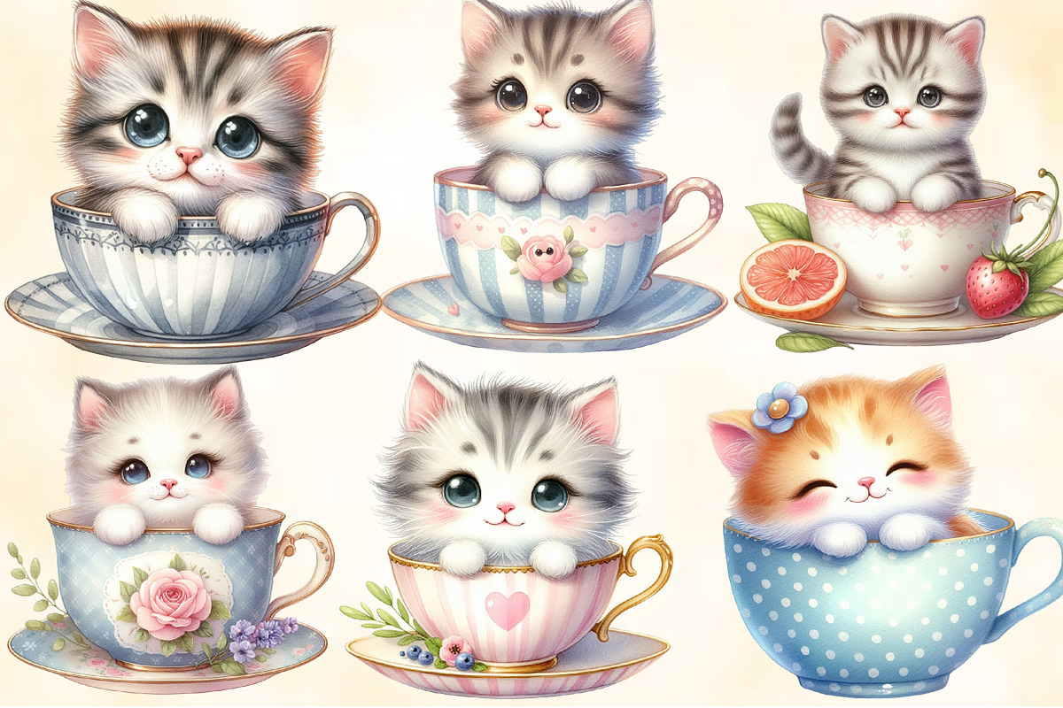 Watercolor Cute Kitten Teacup Clipar, an Illustration by CraftArtStudio (Photo 2 of 7)