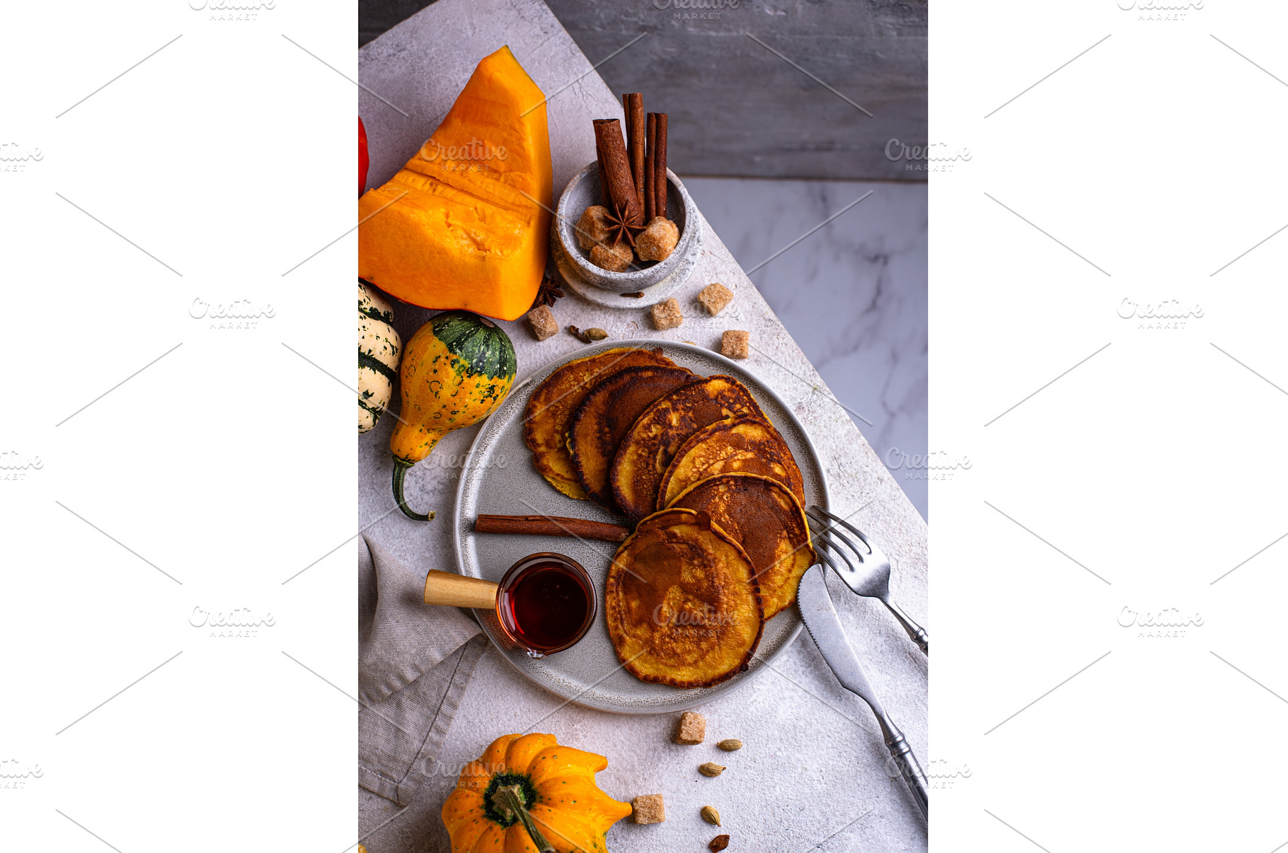 Pumpkin pancakes with maple syrup, a Food & Drink Photo by Yulia Furman