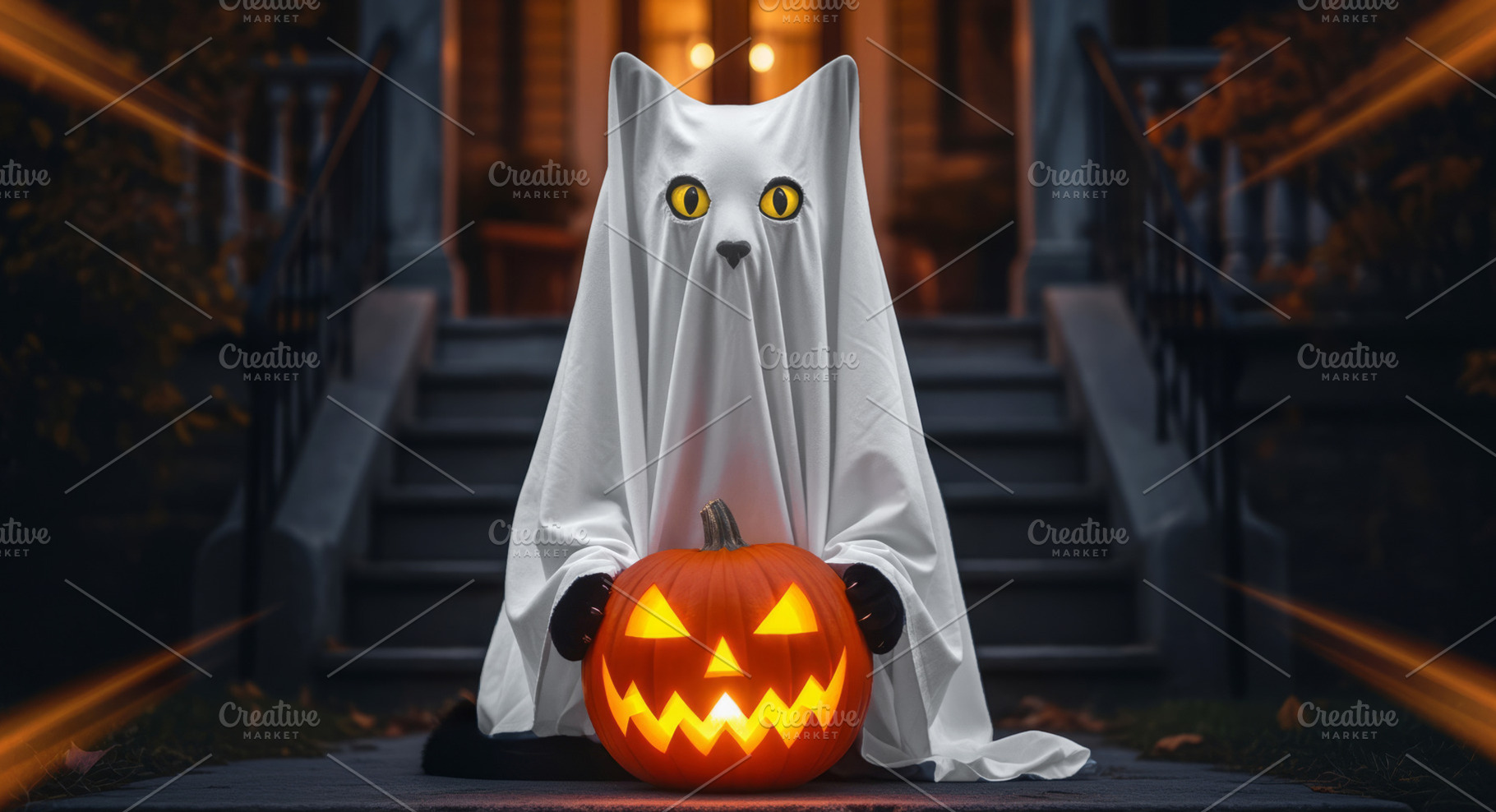 Cute cat ghost Halloween pumpkin, a Photo by LiliGraphie