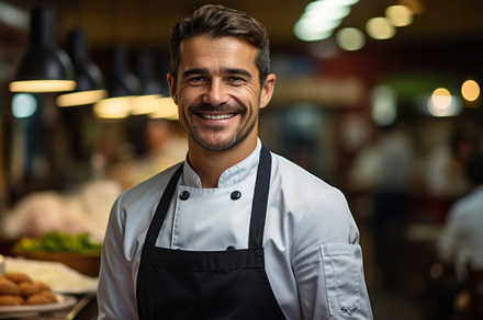 Portrait of a smiling male chef standing at the counter in a res, a Person Photo by AS photostudio