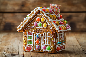 Christmas gingerbread house cookie on wooden background, a Food & Drink Photo by AlyaAnd