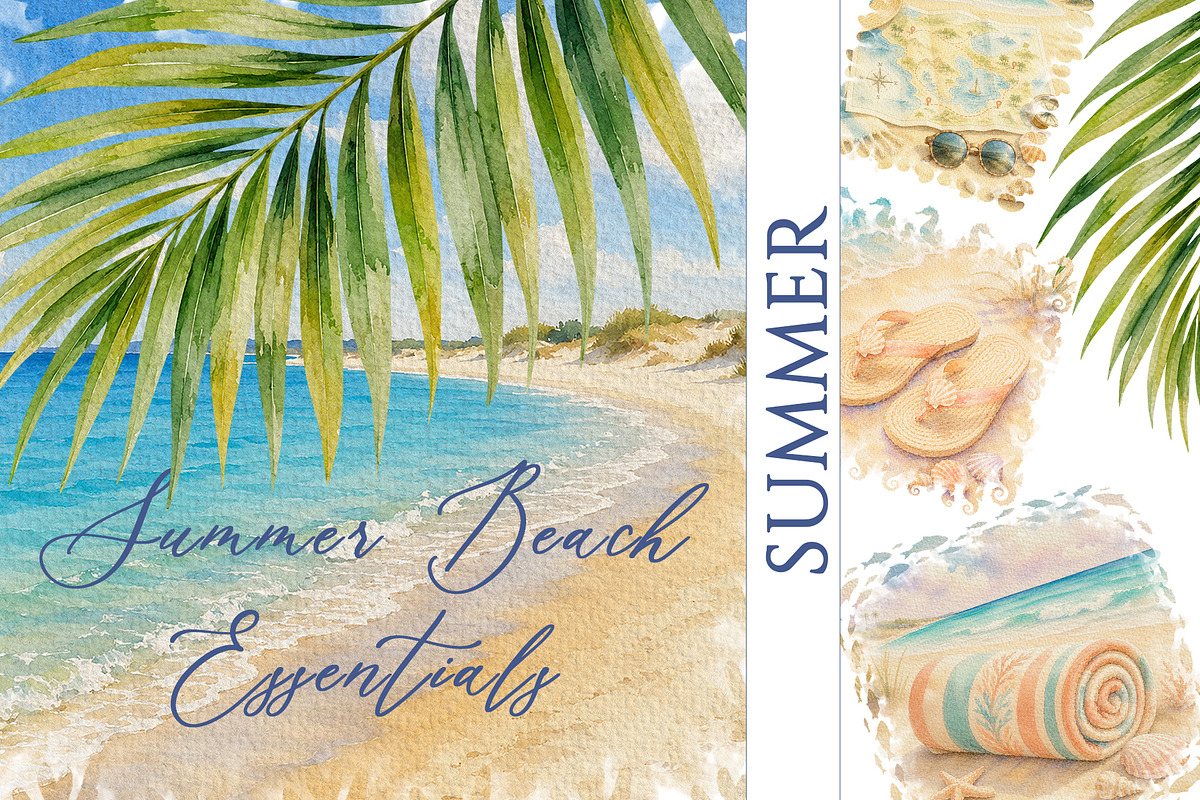 Summer Beach Essentials Watercolor, a Decorative Illustration by Sunshine Art (Photo 1 of 6)