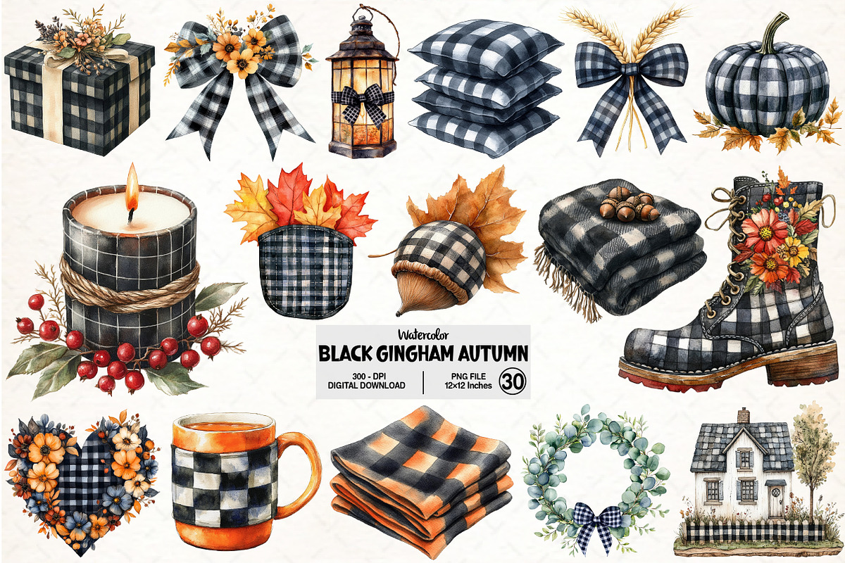 Watercolor Black Gingham Autumn PNG, an Illustration by Pixels.Craft (Photo 1 of 7)