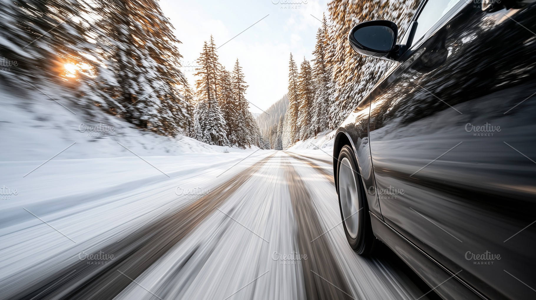Black car speeding down an icy road, a Transportation Photo by MistyDay