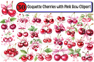 Coquette Cherries with Pink Bow, an Illustration by Design Market