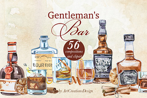 Gentleman's Bar Watercolor Clipart, a Food Illustration by ArtCreationsDesign