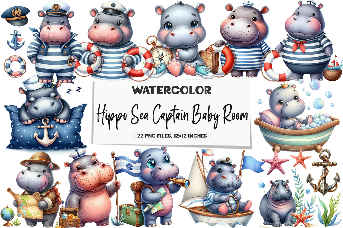 Hippo Clipart Sea Captain Baby Room, an Illustration by DreamArtGraphic (Photo 1 of 5)