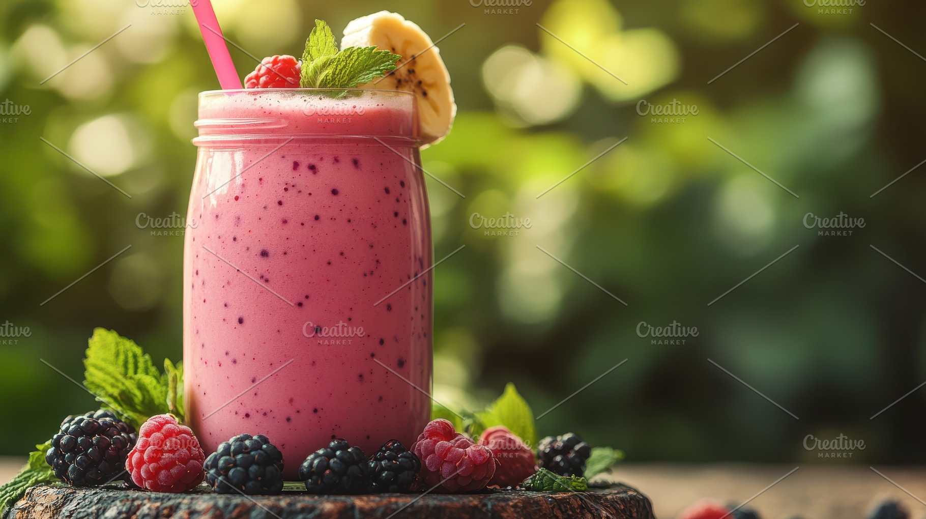 Berry smoothie with banana slice and, a Food & Drink Photo by Pixeness Studio
