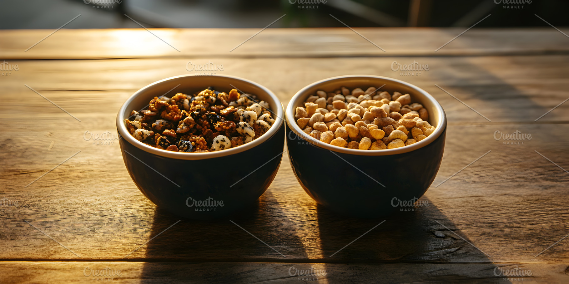 Assorted dry snacks in ceramic bowls on wooden table, a Food & Drink Photo by Photostock