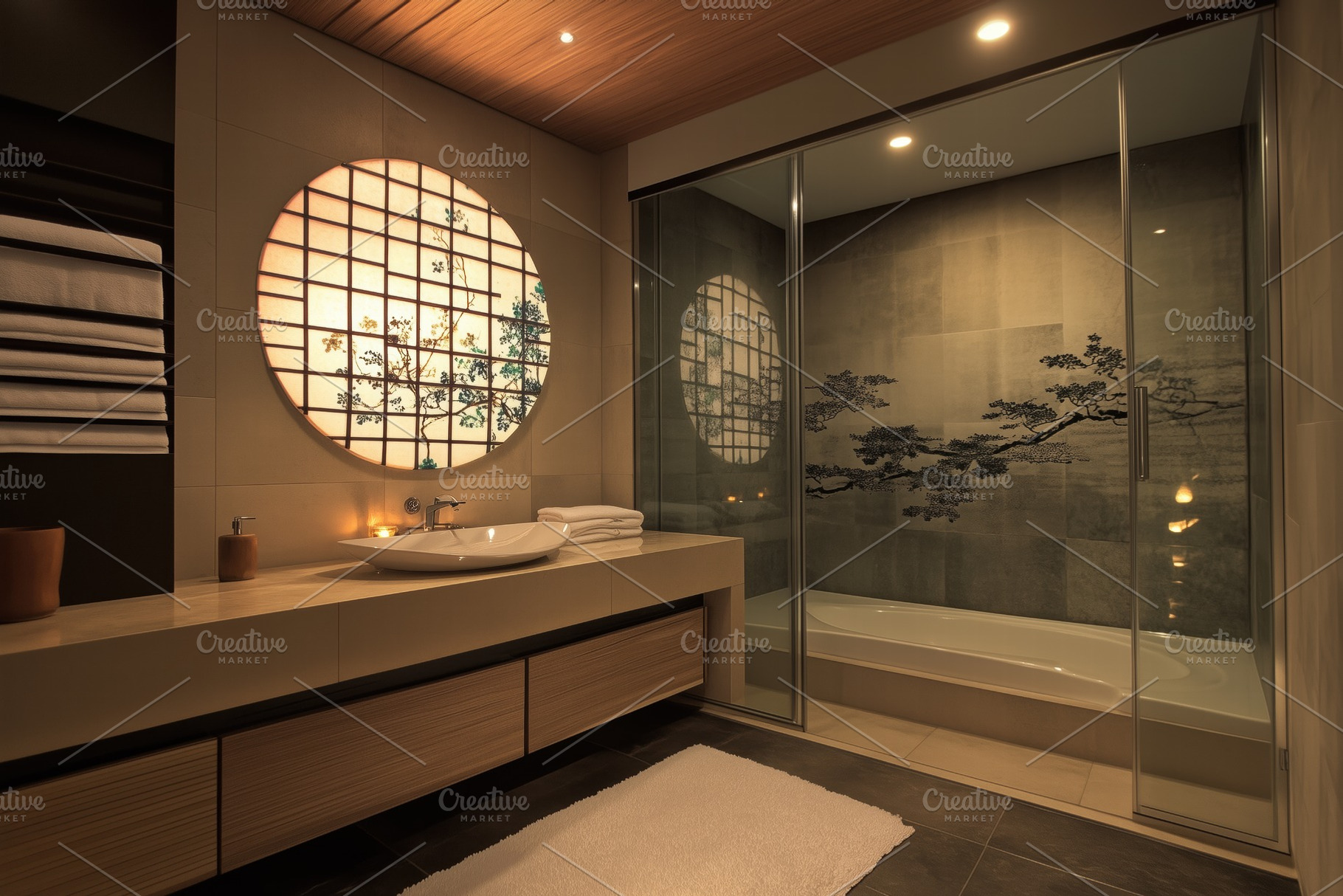 A modern Asian Zen interior design style bathroom featuring a round window  with, an Arts \u0026, image size:1820x1214