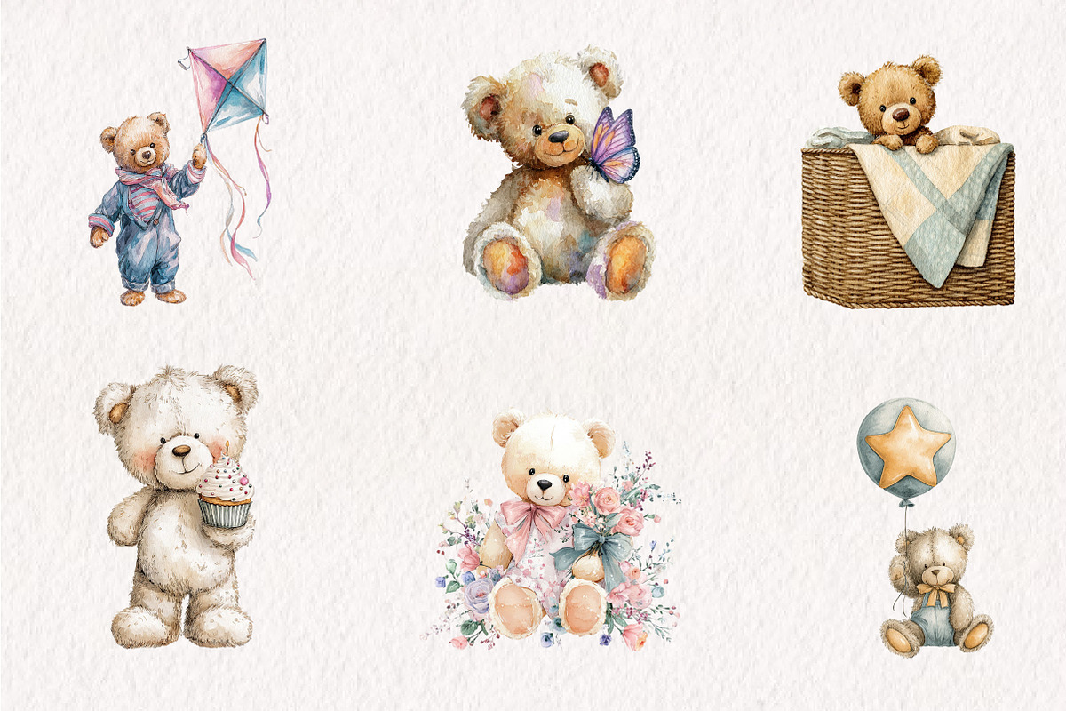 Watercolor Teddy Bear Clipart, a Seasonal Illustration by CreationArt (Photo 4 of 7)