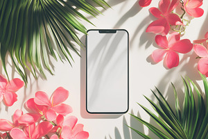 A smartphone iPhone mockup with a blank screen placed on a light surface surrou, an iPhone Mockup by Textures & Backgrounds