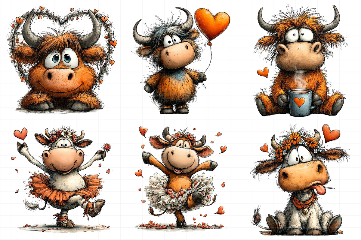 Quirky Valentine Highland Cow Clipar, an Illustration by Daily.Designs (Photo 4 of 8)