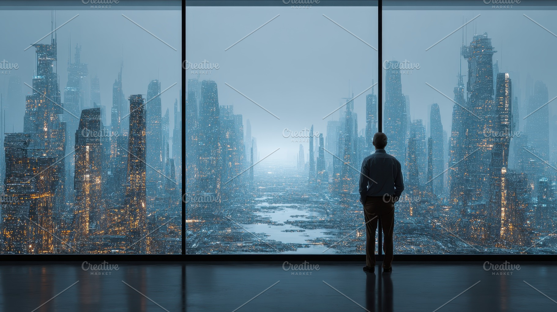 Man Contemplating Futuristic Citysca, an Abstract Photo by Pixeness Studio