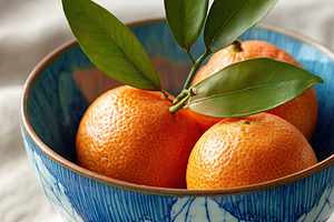 Handcrafted ceramic bowl filled with oranges and fresh leaves in a soft natural, a Food & Drink Photo by AlyaAnd