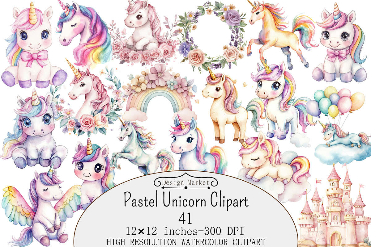 Watercolor Pastel Unicorn Clipart, a Seasonal Illustration by Design Market (Photo 1 of 5)
