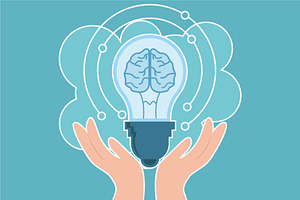 Hands holding brain lamp vector, an Education Illustration by zyxroun shop