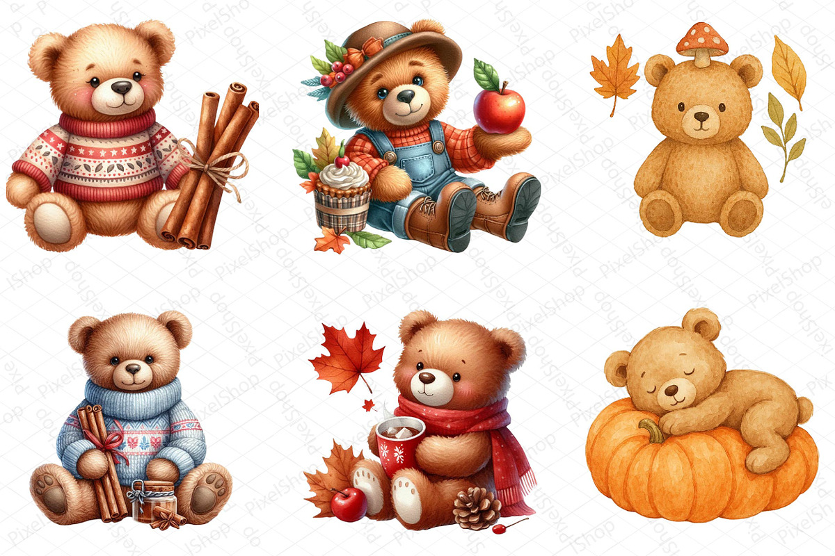 Watercolor Autumn Teddy Bear Clipart, an Illustration by DreamPrint404 (Photo 4 of 6)
